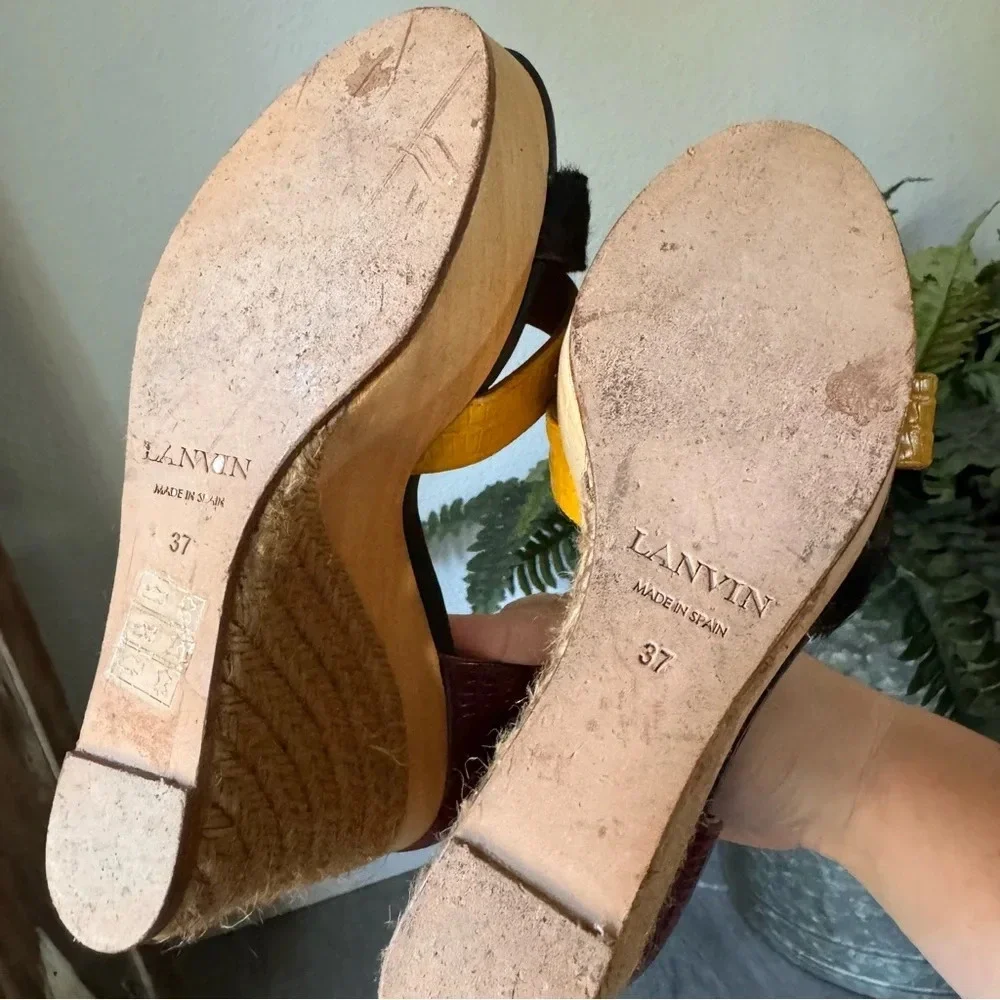 Lanvin Espadrille Leather Wedge Sandal Ankle Strap Paris 37 Multicolor Emboss - Picture 7 of 9